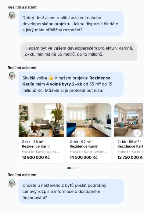 Ukázka chatu, realitní asistent doporučuje volné byty