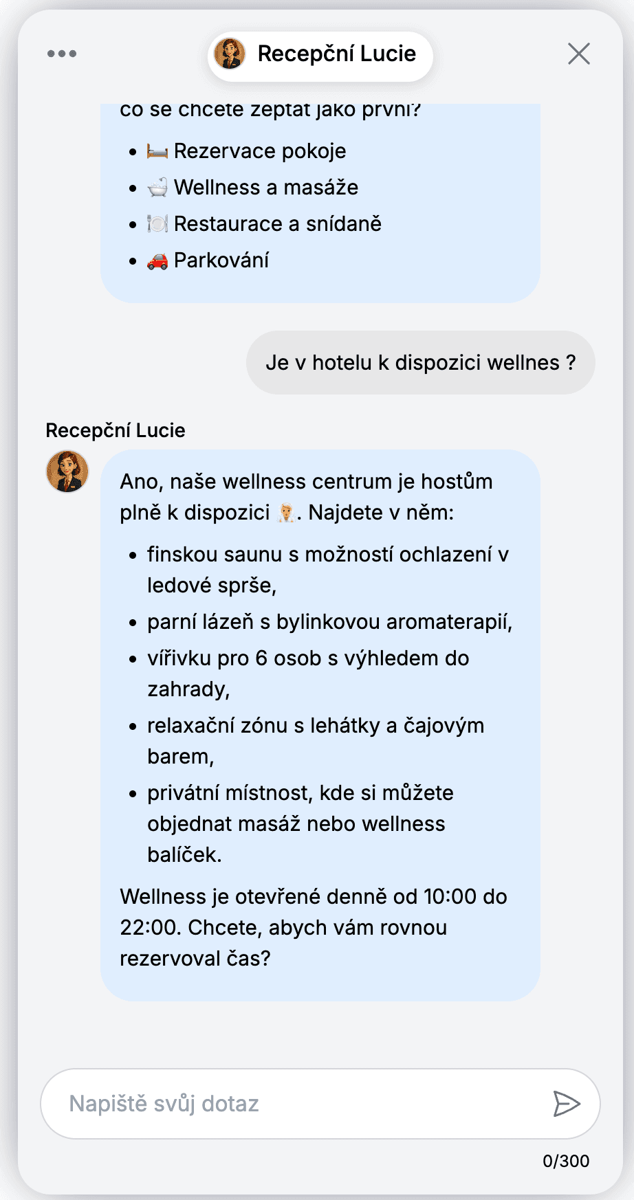 Chatbot odpovídá na dotaz ohledně wellness