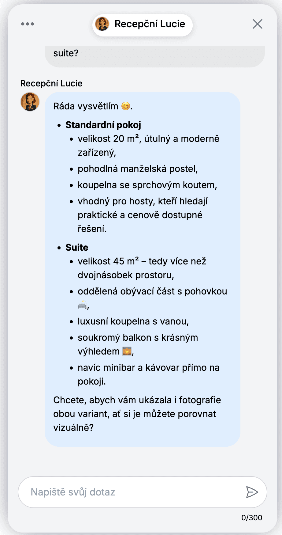 Chatbot poskytuje srovnání dvou pokojů