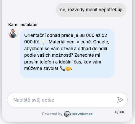 Chatbot poskytuje orientační odhad práce