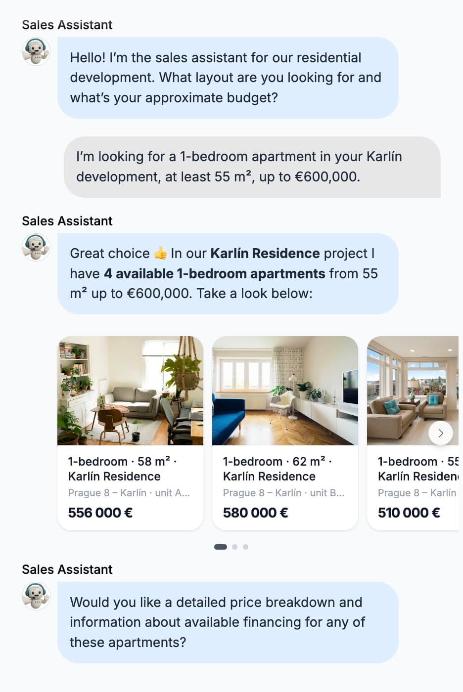 Chat preview, real-estate assistant recommending available units