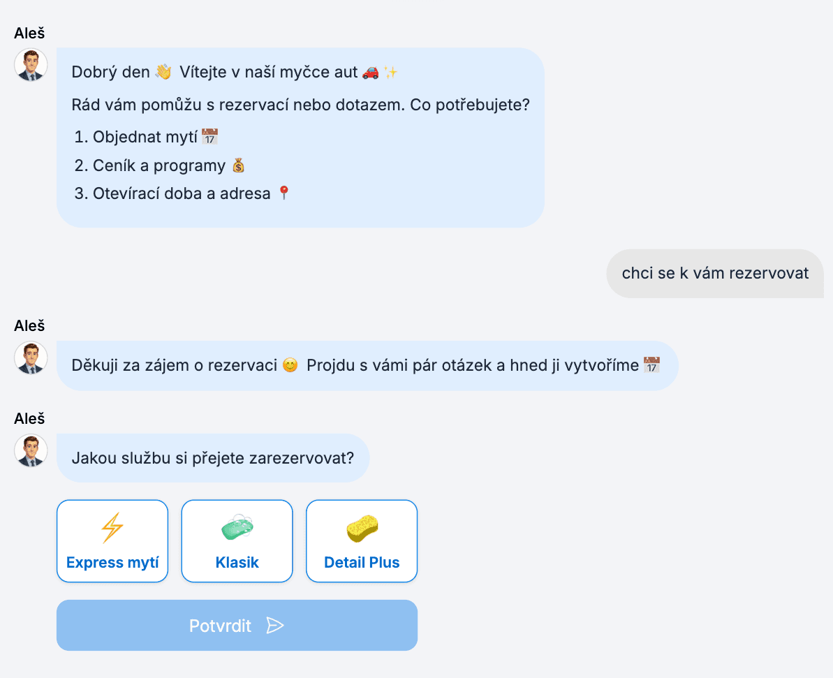 Chatbot rozpozná záměr a automaticky spustí správný scénář.